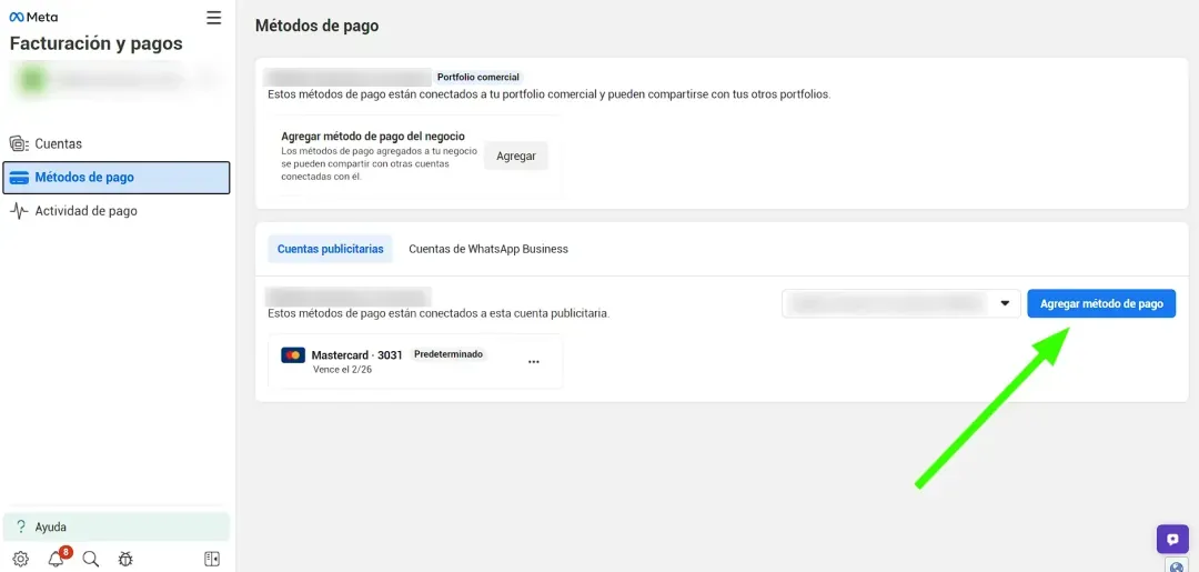 agregar metodo de pago facebook
