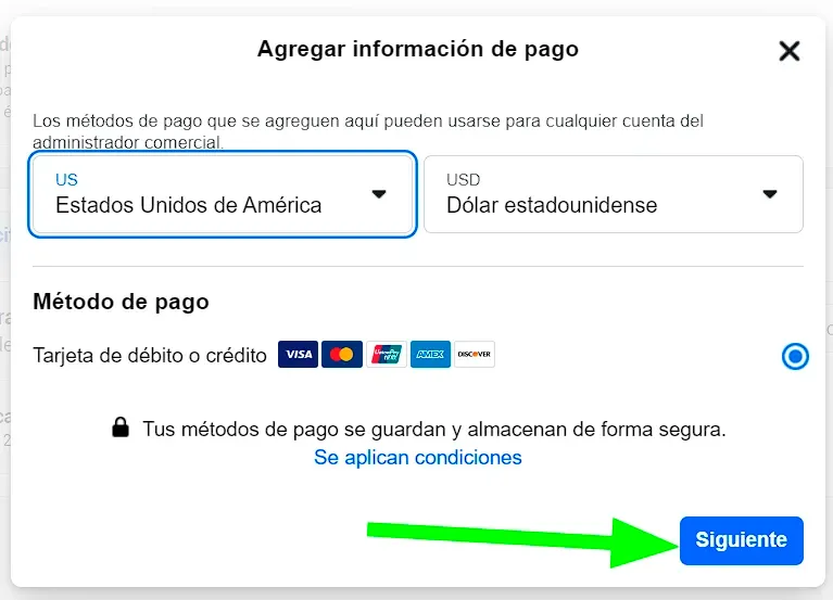 agregar metodo de pago tdc facebook